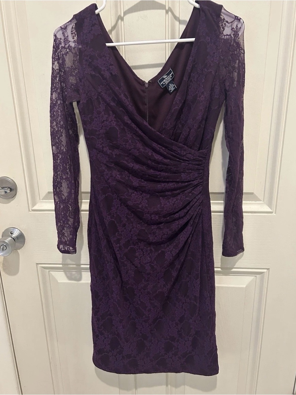 American Living Deep Plum Lace Long-Sleeve Ruched Sheath Dress